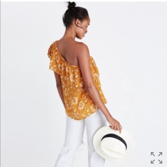 Madewell Silk One-Shoulder Ruffle Top in Yellow Assam Floral S - Picture 3 of 11